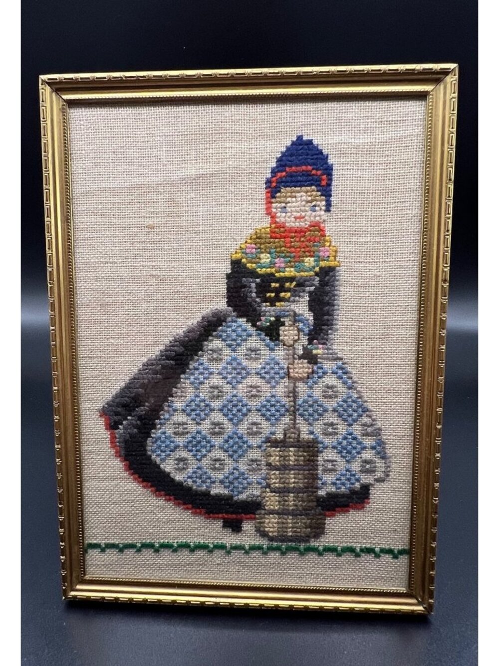 Vintage Framed Needlepoint Dutch Folk Art Ornate Brass Frame - Cottagecore Decor